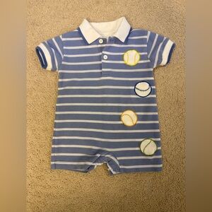 Florence Eiseman Baby Boys Baseball Appliqué Polo Romper 12M Blue Stripe